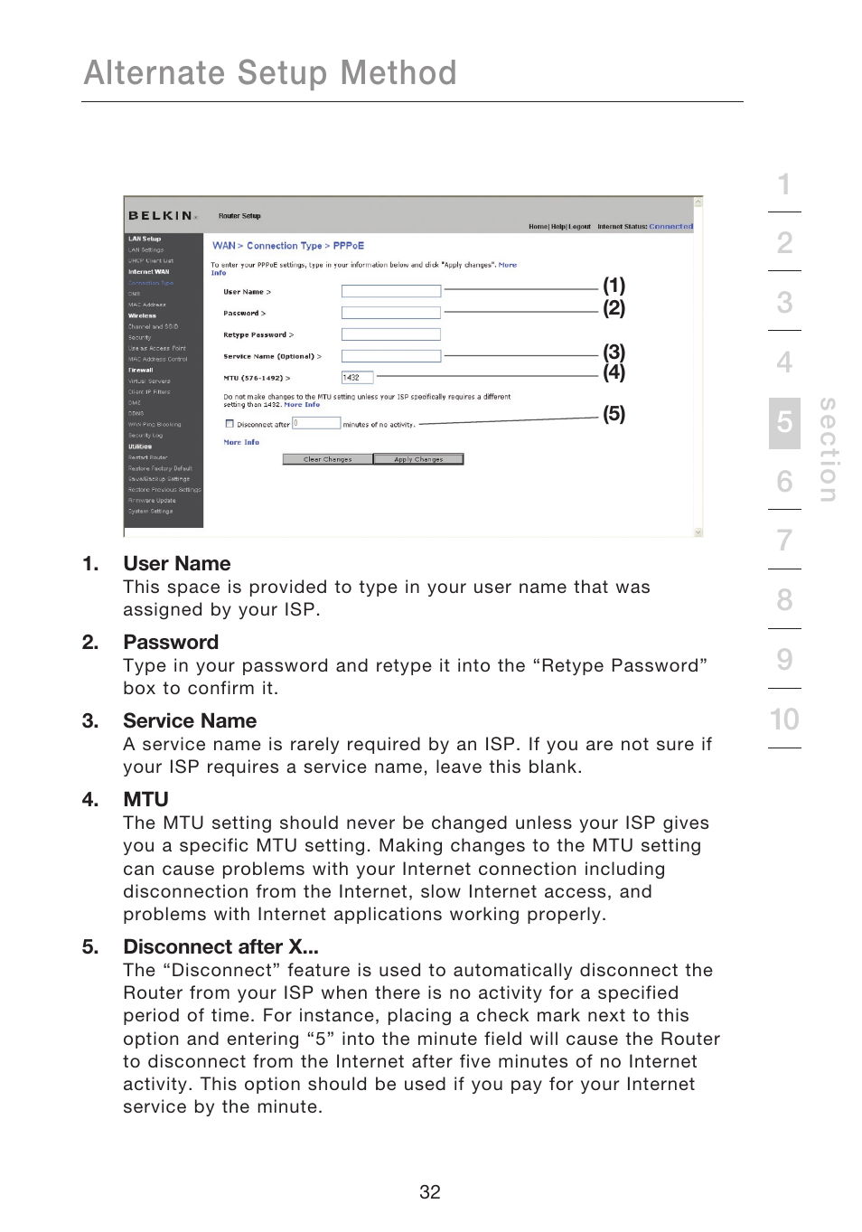 Alternate setup method, Se c tio n | Belkin N1 WIRELESS ROUTER P75170EI User Manual | Page 36 / 104