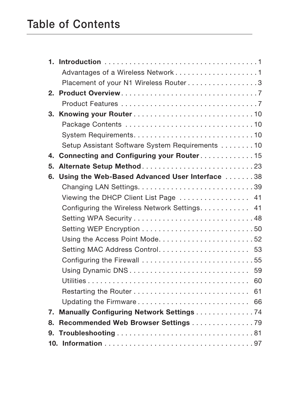 Belkin N1 WIRELESS ROUTER P75170EI User Manual | Page 4 / 104