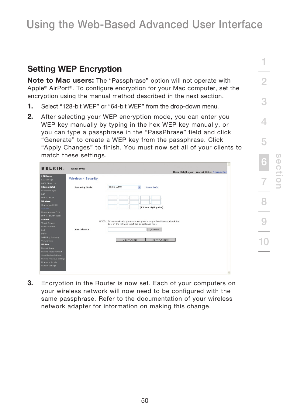 Using the web-based advanced user interface, Se c tio n | Belkin N1 WIRELESS ROUTER P75170EI User Manual | Page 54 / 104
