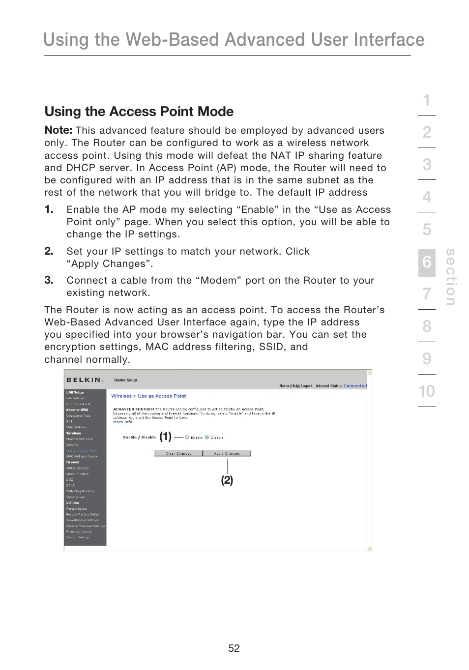 Using the web-based advanced user interface, Se c tio n | Belkin N1 WIRELESS ROUTER P75170EI User Manual | Page 56 / 104