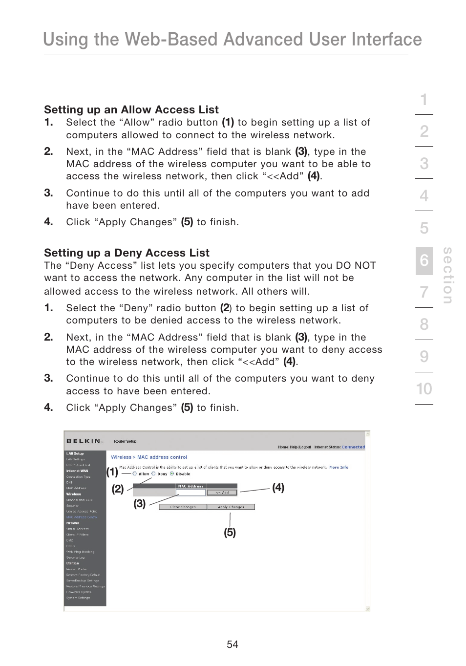 Using the web-based advanced user interface, Se c tio n | Belkin N1 WIRELESS ROUTER P75170EI User Manual | Page 58 / 104