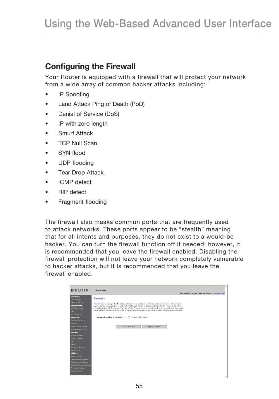 Using the web-based advanced user interface, Configuring the firewall | Belkin N1 WIRELESS ROUTER P75170EI User Manual | Page 59 / 104