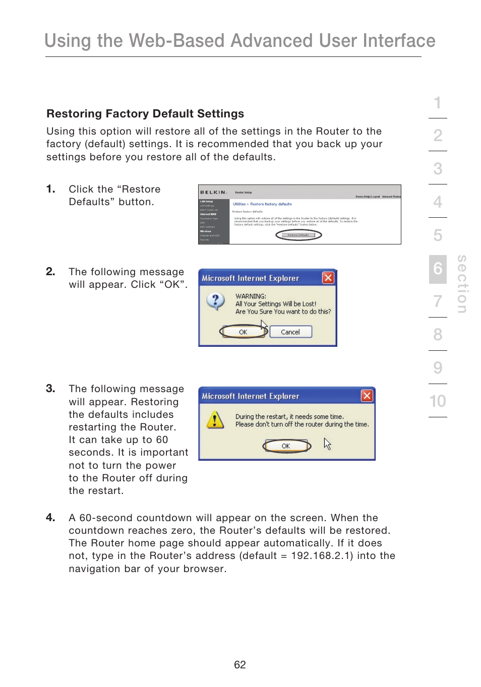 Using the web-based advanced user interface, Se c tio n | Belkin N1 WIRELESS ROUTER P75170EI User Manual | Page 66 / 104