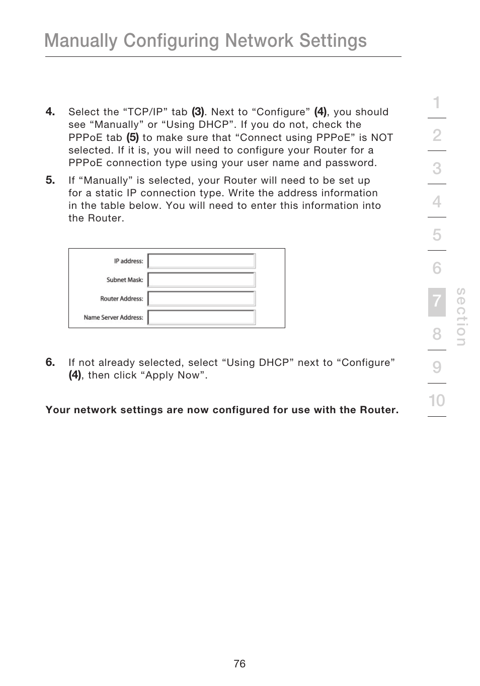 Manually configuring network settings, Se c tio n | Belkin N1 WIRELESS ROUTER P75170EI User Manual | Page 80 / 104