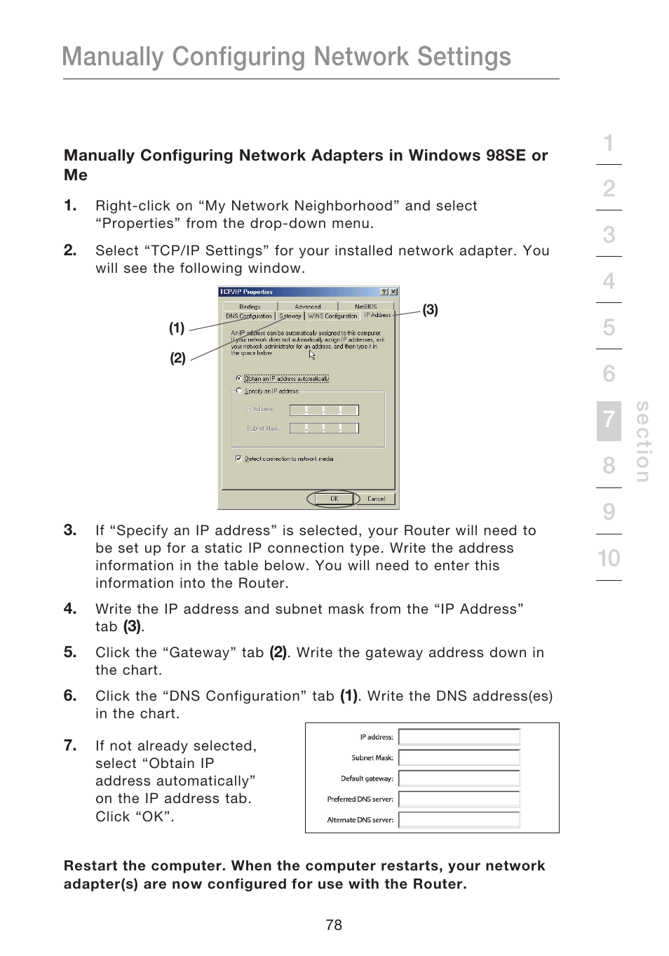 Manually configuring network settings, Se c tio n | Belkin N1 WIRELESS ROUTER P75170EI User Manual | Page 82 / 104