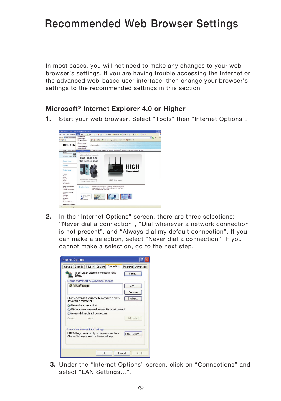 Recommended web browser settings | Belkin N1 WIRELESS ROUTER P75170EI User Manual | Page 83 / 104