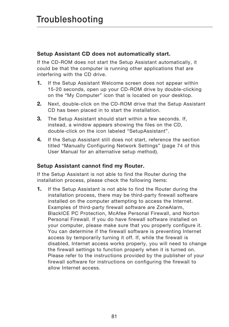 Troubleshooting | Belkin N1 WIRELESS ROUTER P75170EI User Manual | Page 85 / 104