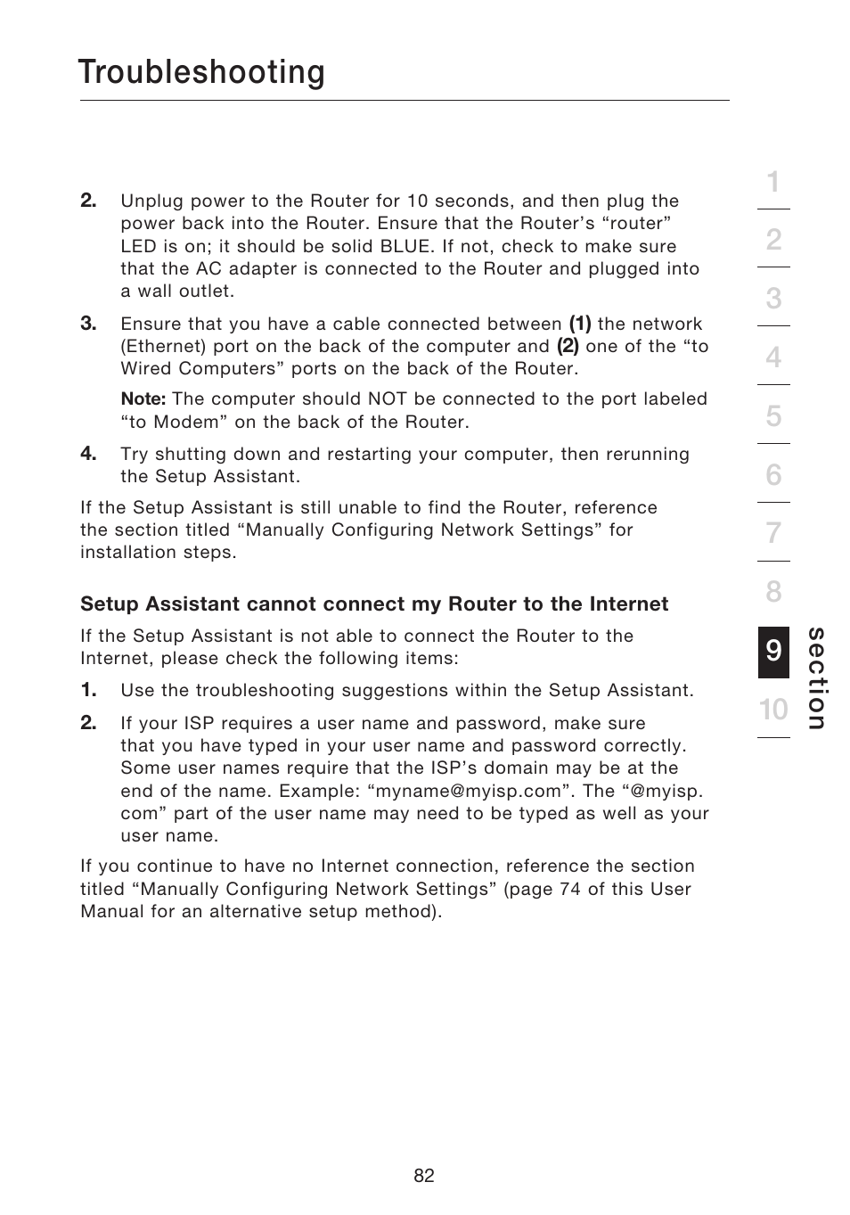 Troubleshooting, Se c tio n | Belkin N1 WIRELESS ROUTER P75170EI User Manual | Page 86 / 104