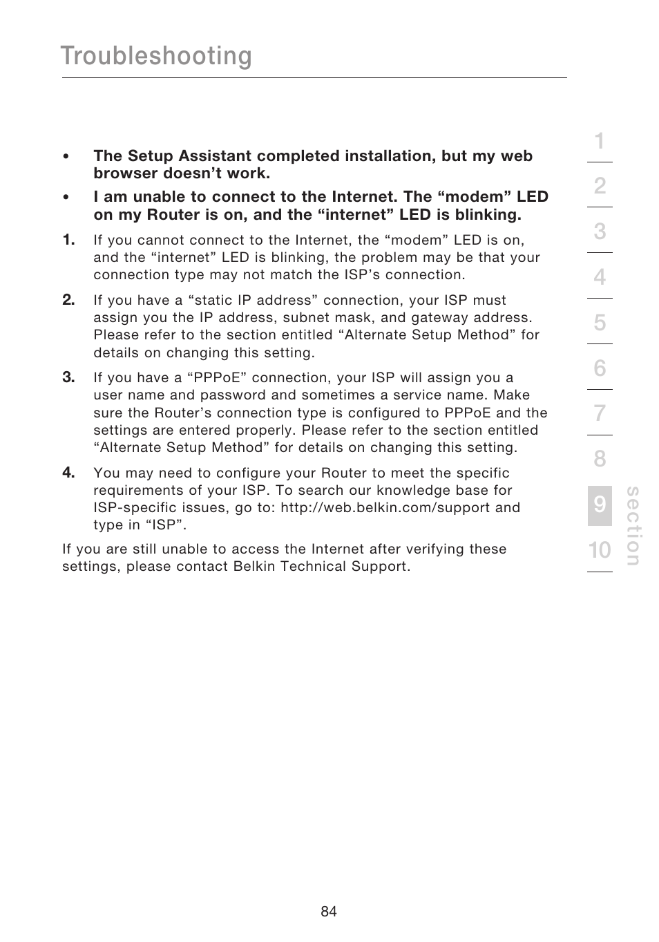 Troubleshooting, Se c tio n | Belkin N1 WIRELESS ROUTER P75170EI User Manual | Page 88 / 104