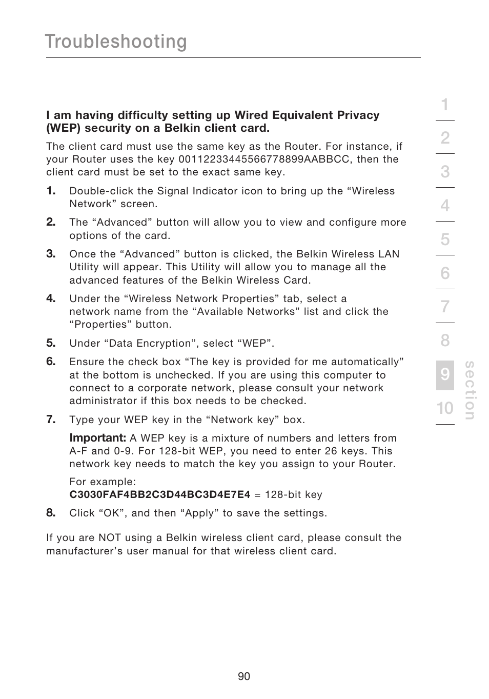Troubleshooting, Se c tio n | Belkin N1 WIRELESS ROUTER P75170EI User Manual | Page 94 / 104