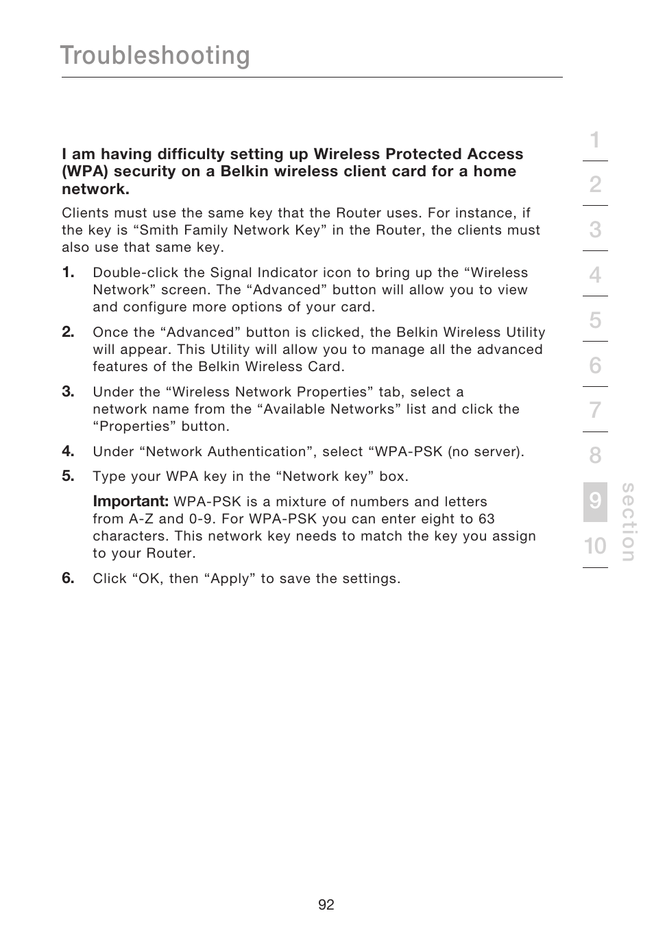 Troubleshooting, Se c tio n | Belkin N1 WIRELESS ROUTER P75170EI User Manual | Page 96 / 104