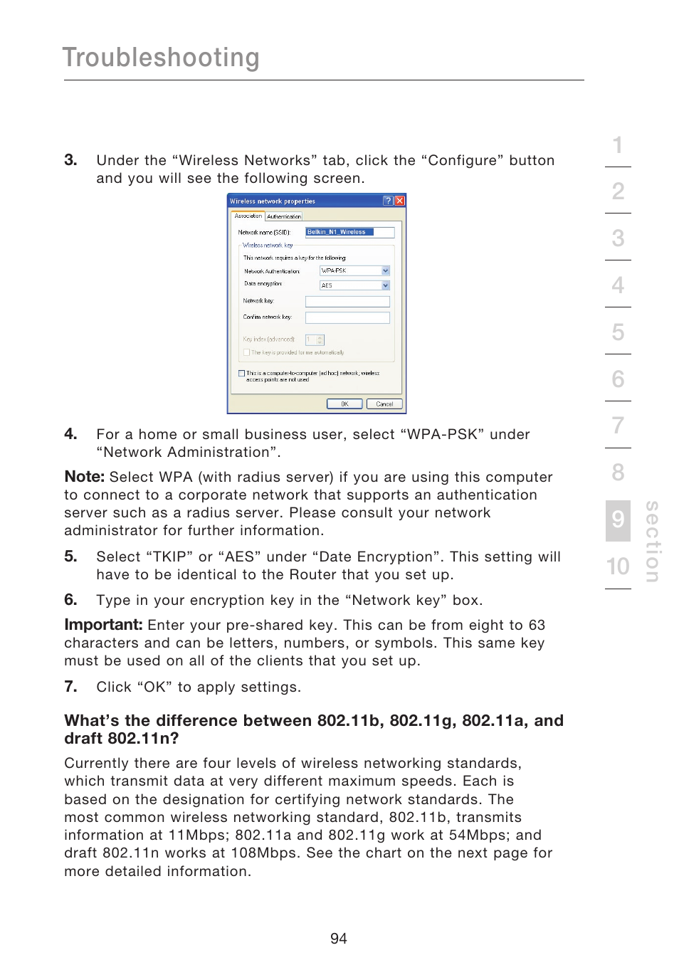 Troubleshooting, Se c tio n | Belkin N1 WIRELESS ROUTER P75170EI User Manual | Page 98 / 104