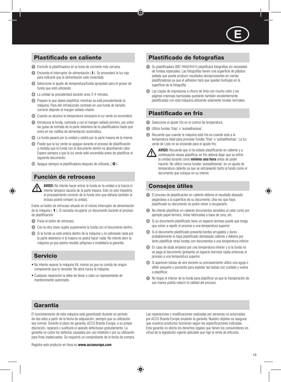 Garantía, Servicio, Función de retroceso | Plastificado de fotografías, Plastificado en frío, Consejos útiles | GBC H415 HeatSeal User Manual | Page 15 / 38