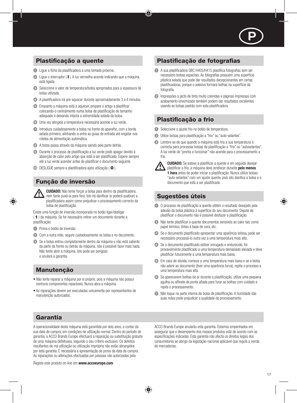 Garantia, Manutenção, Plastificação a quente | Função de inversão, Plastificação de fotografias, Plastificação a frio, Sugestões úteis | GBC H415 HeatSeal User Manual | Page 17 / 38