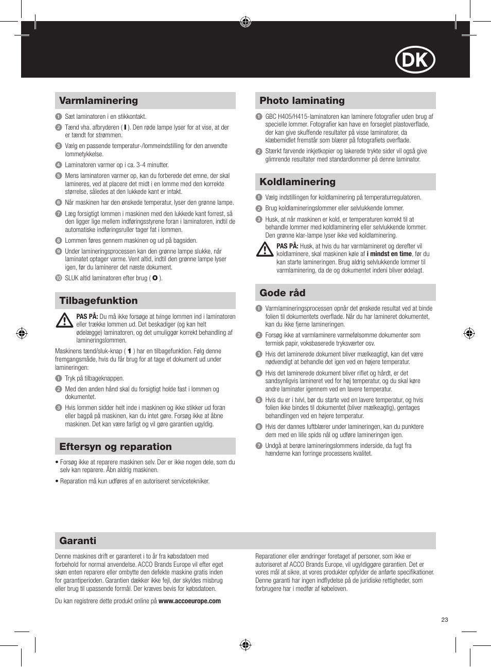 Garanti, Eftersyn og reparation, Varmlaminering | Tilbagefunktion, Photo laminating, Koldlaminering, Gode råd | GBC H415 HeatSeal User Manual | Page 23 / 38
