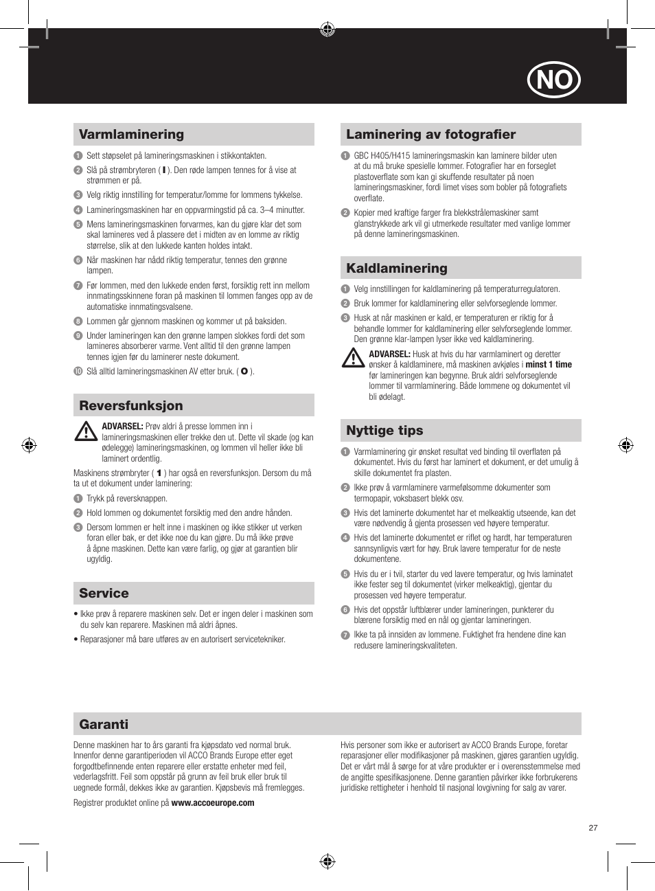 Garanti, Service, Varmlaminering | Reversfunksjon, Laminering av fotografier, Kaldlaminering, Nyttige tips | GBC H415 HeatSeal User Manual | Page 27 / 38