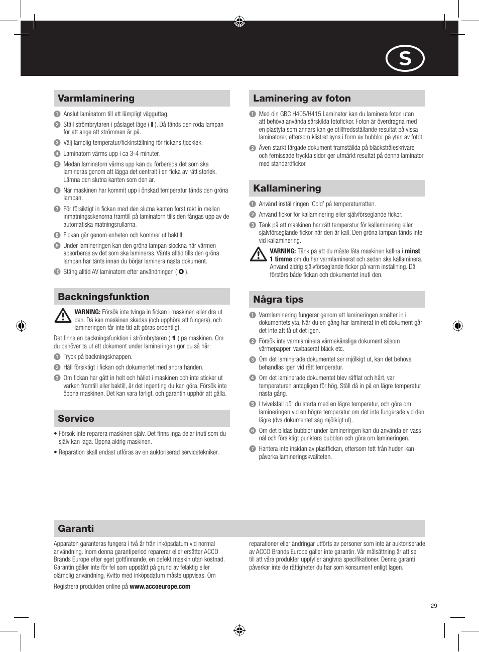 Garanti, Service, Varmlaminering | Backningsfunktion, Laminering av foton, Kallaminering, Några tips | GBC H415 HeatSeal User Manual | Page 29 / 38