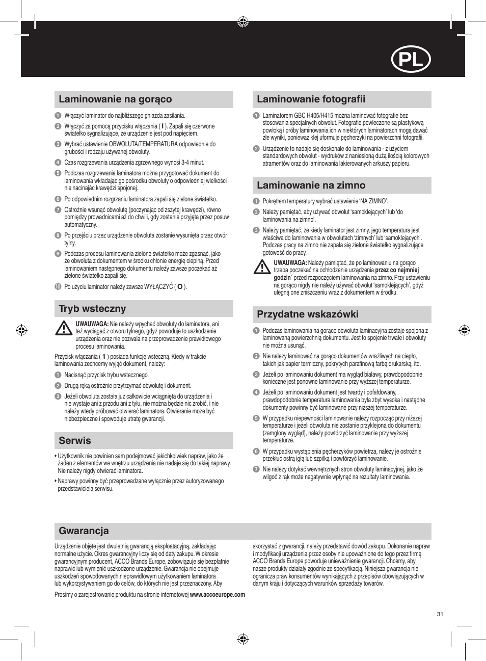 Gwarancja, Serwis, Laminowanie na gorąco | Tryb wsteczny, Laminowanie fotografii, Laminowanie na zimno, Przydatne wskazówki | GBC H415 HeatSeal User Manual | Page 31 / 38