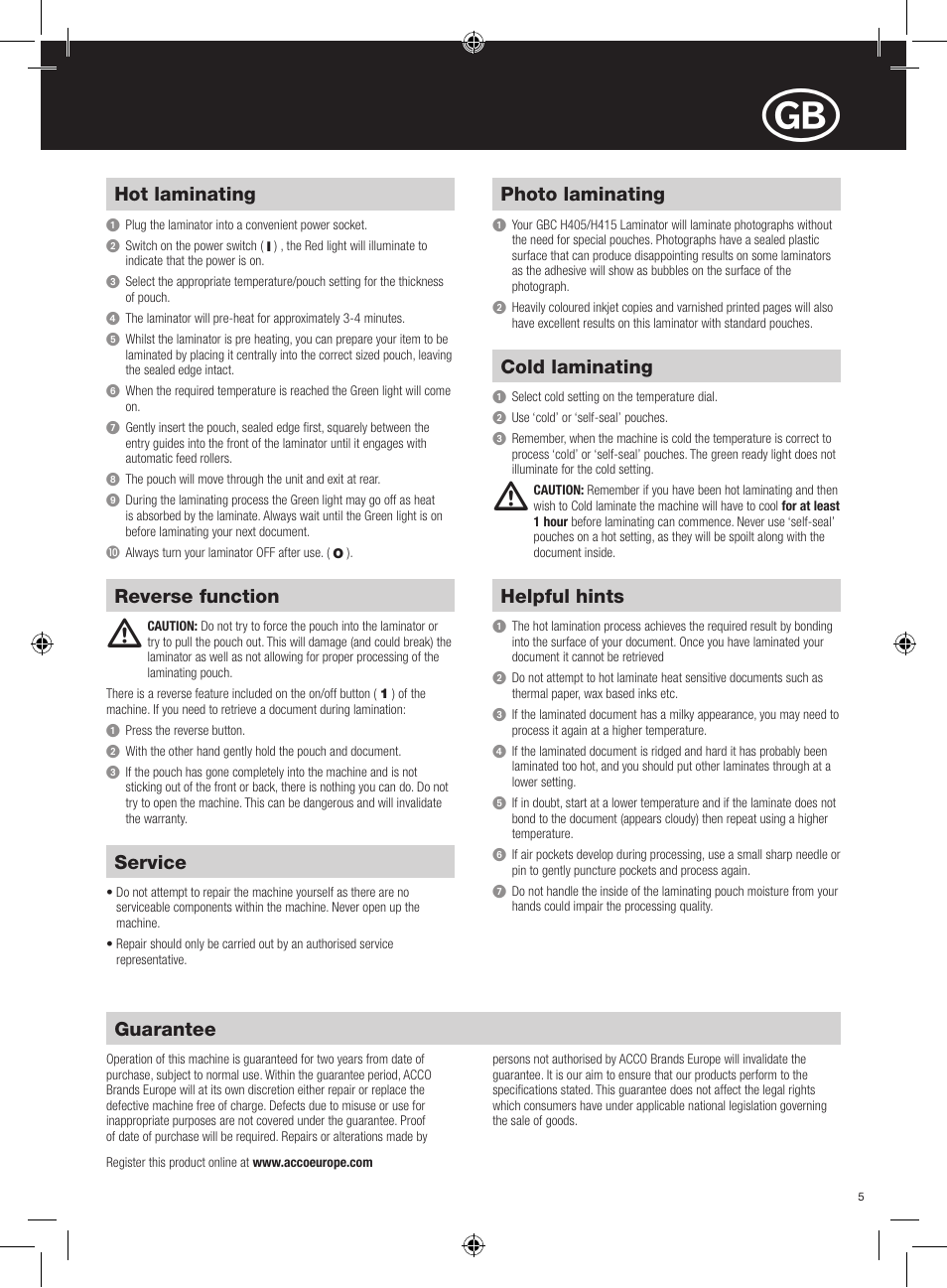 Guarantee, Hot laminating, Service | Reverse function, Photo laminating, Cold laminating, Helpful hints | GBC H415 HeatSeal User Manual | Page 5 / 38