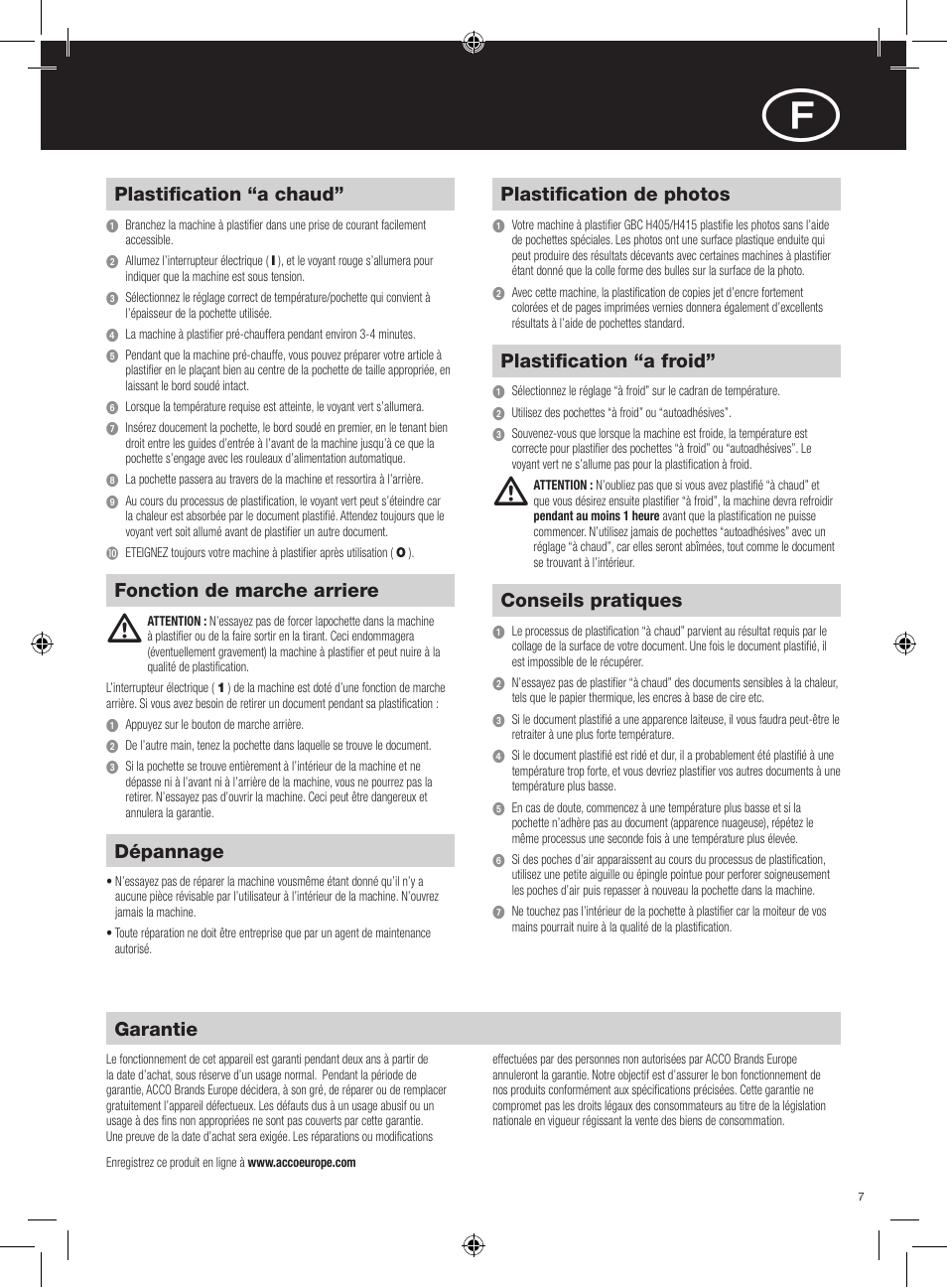 Garantie, Dépannage, Plastification “a chaud | Fonction de marche arriere, Plastification de photos, Plastification “a froid, Conseils pratiques | GBC H415 HeatSeal User Manual | Page 7 / 38