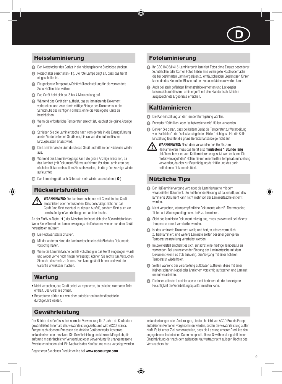 Gewährleistung, Wartung, Heisslaminierung | Rückwärtsfunktion, Fotolaminierung, Kaltlaminieren, Nützliche tips | GBC H415 HeatSeal User Manual | Page 9 / 38