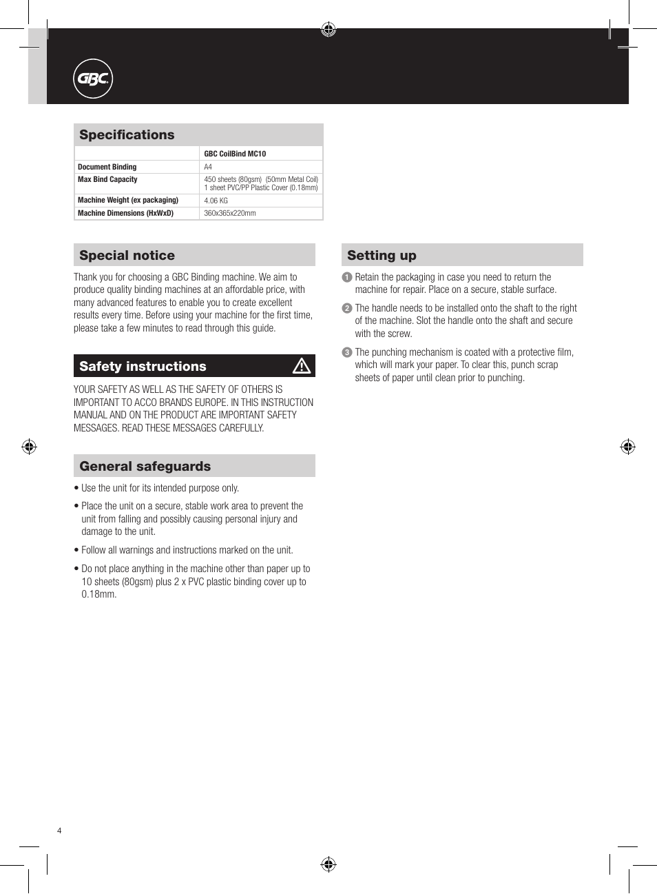Special notice, Specifications, Safety instructions | General safeguards, Setting up | GBC MC10 Binder User Manual | Page 4 / 10
