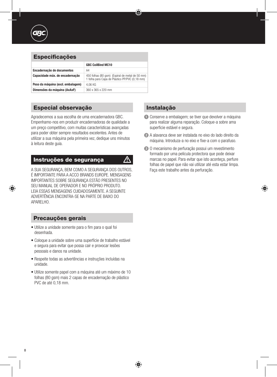 Especificações, Precauções gerais, Instalação | Especial observação, Instruções de segurança | GBC MC10 Binder User Manual | Page 8 / 10