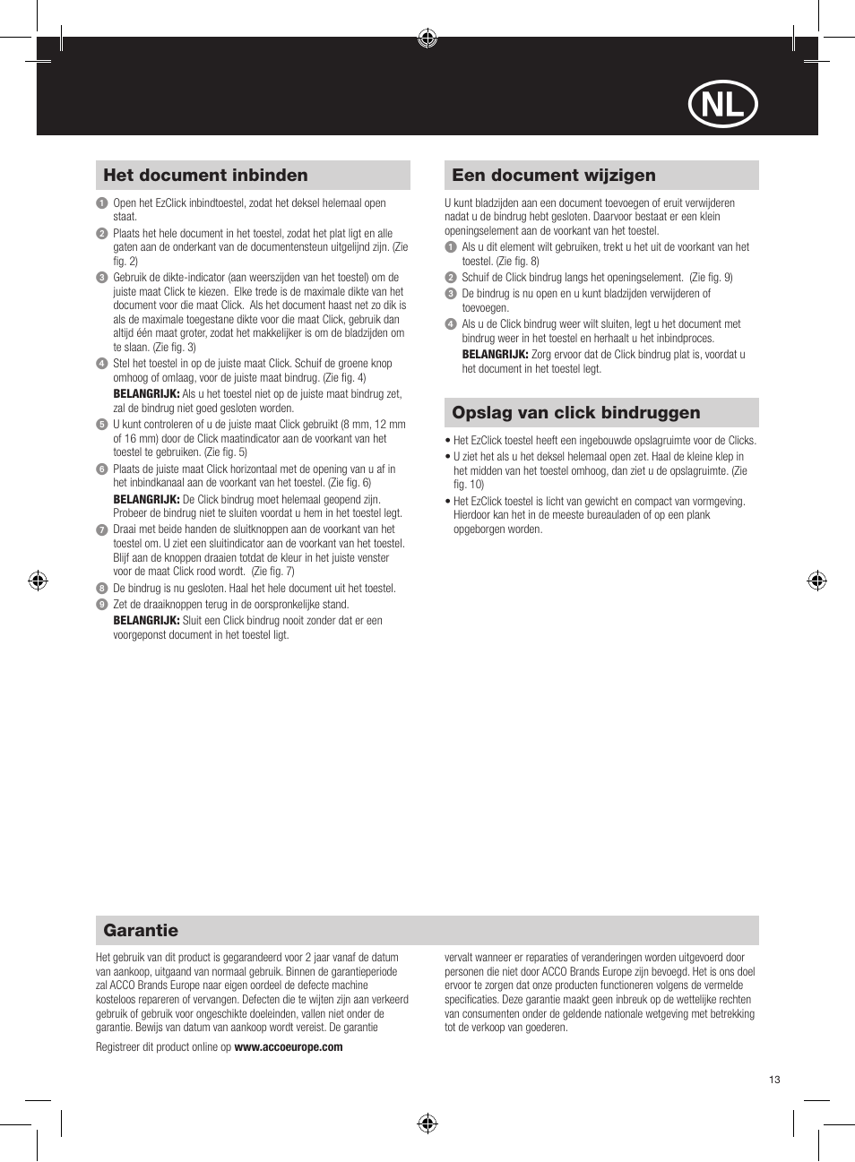 Garantie, Het document inbinden, Een document wijzigen | Opslag van click bindruggen | GBC EzClick Binder User Manual | Page 13 / 38