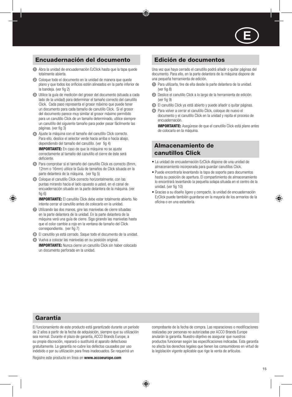 Garantía, Encuadernación del documento, Edición de documentos | Almacenamiento de canutillos click | GBC EzClick Binder User Manual | Page 15 / 38