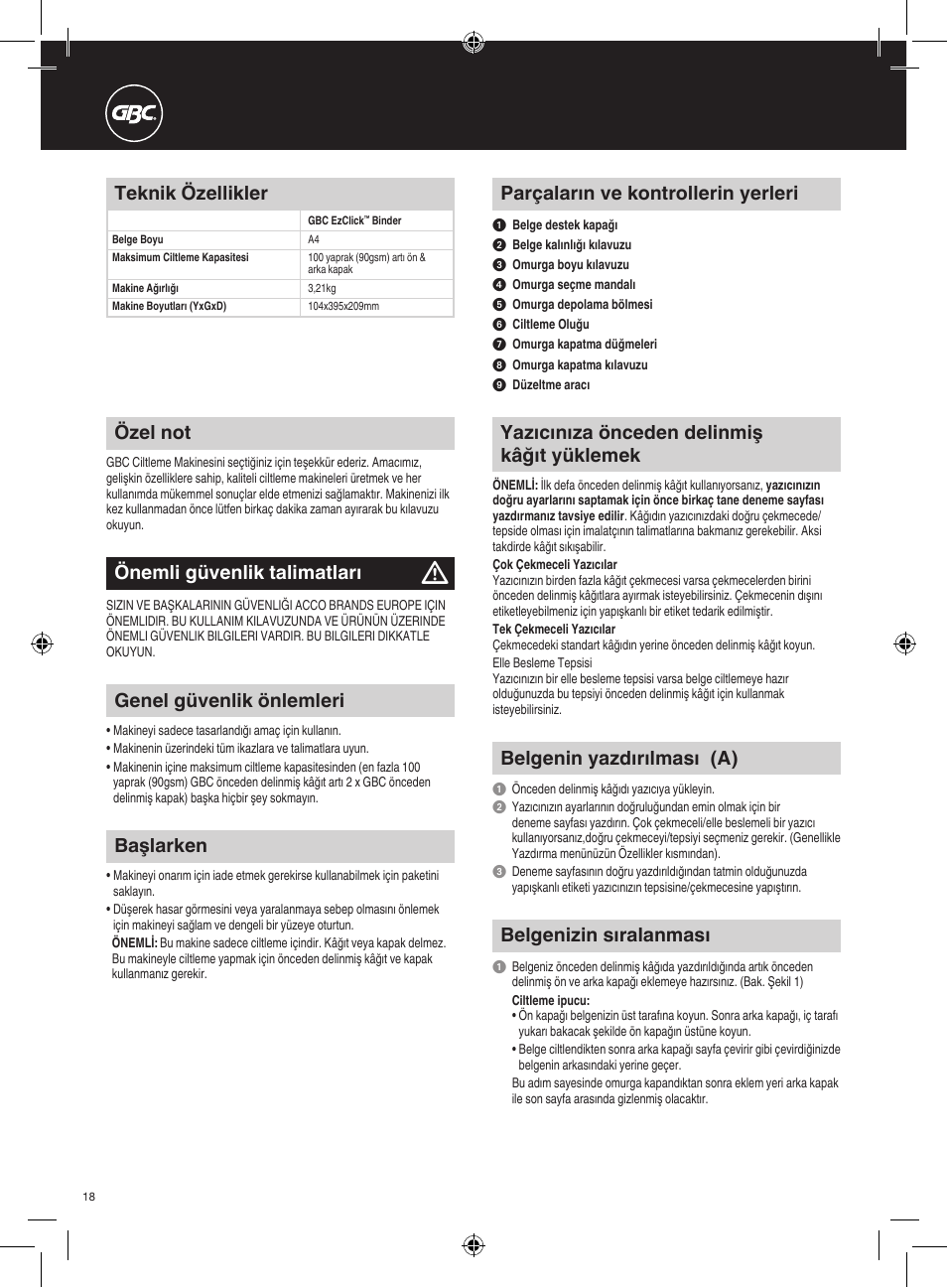 Özel not, Parçaların ve kontrollerin yerleri, Teknik özellikler | Önemli güvenlik talimatları, Genel güvenlik önlemleri, Başlarken, Yazıcınıza önceden delinmiş kâğıt yüklemek, Belgenin yazdırılması (a), Belgenizin sıralanması | GBC EzClick Binder User Manual | Page 18 / 38