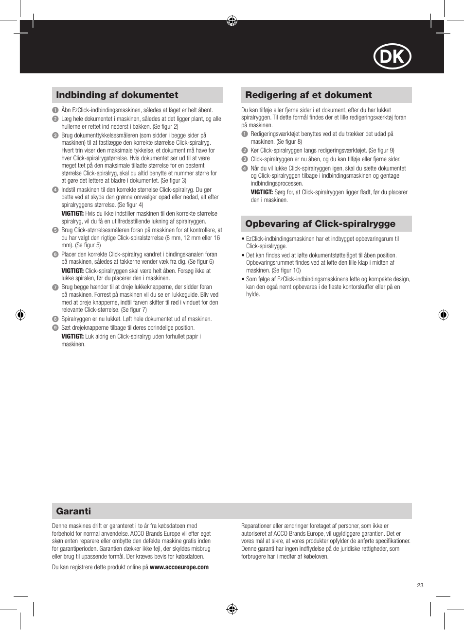 Garanti, Indbinding af dokumentet, Redigering af et dokument | Opbevaring af click-spiralrygge | GBC EzClick Binder User Manual | Page 23 / 38