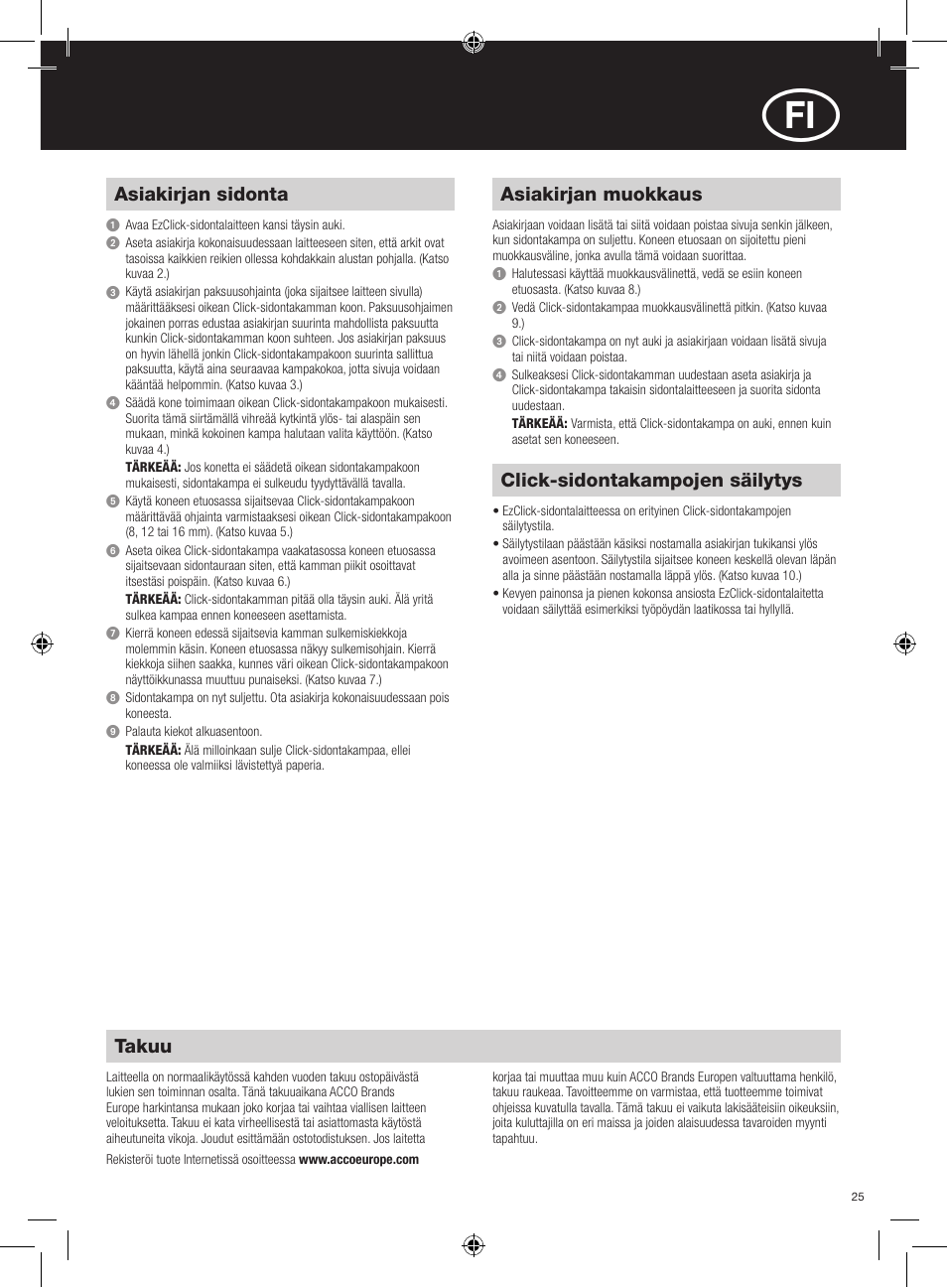 Takuu, Asiakirjan sidonta, Asiakirjan muokkaus | Click-sidontakampojen säilytys | GBC EzClick Binder User Manual | Page 25 / 38