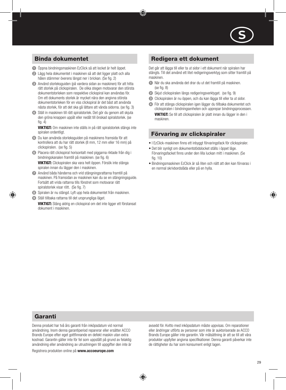 Garanti, Binda dokumentet, Redigera ett dokument | Förvaring av clickspiraler | GBC EzClick Binder User Manual | Page 29 / 38