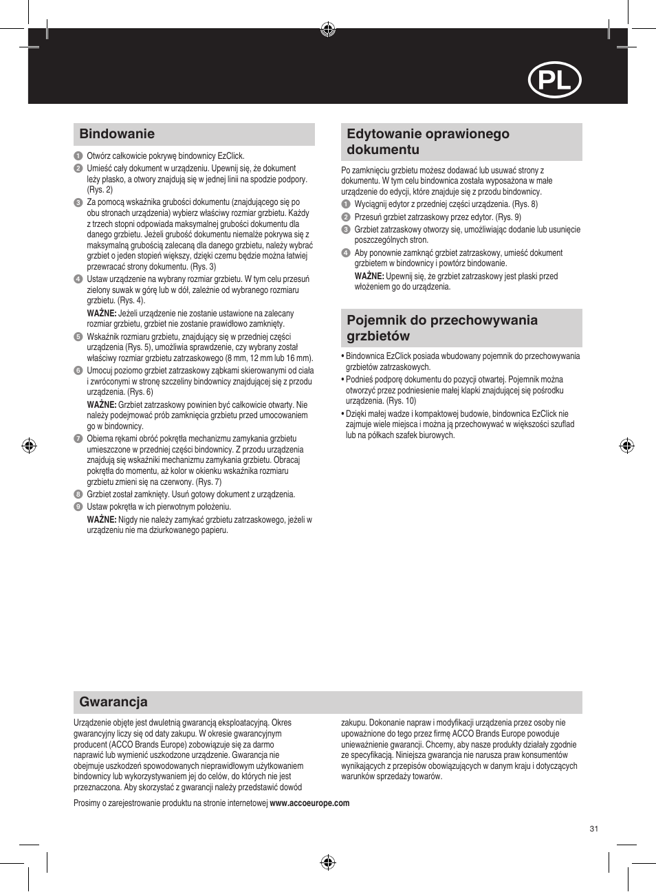 Gwarancja, Bindowanie, Edytowanie oprawionego dokumentu | Pojemnik do przechowywania grzbietów | GBC EzClick Binder User Manual | Page 31 / 38