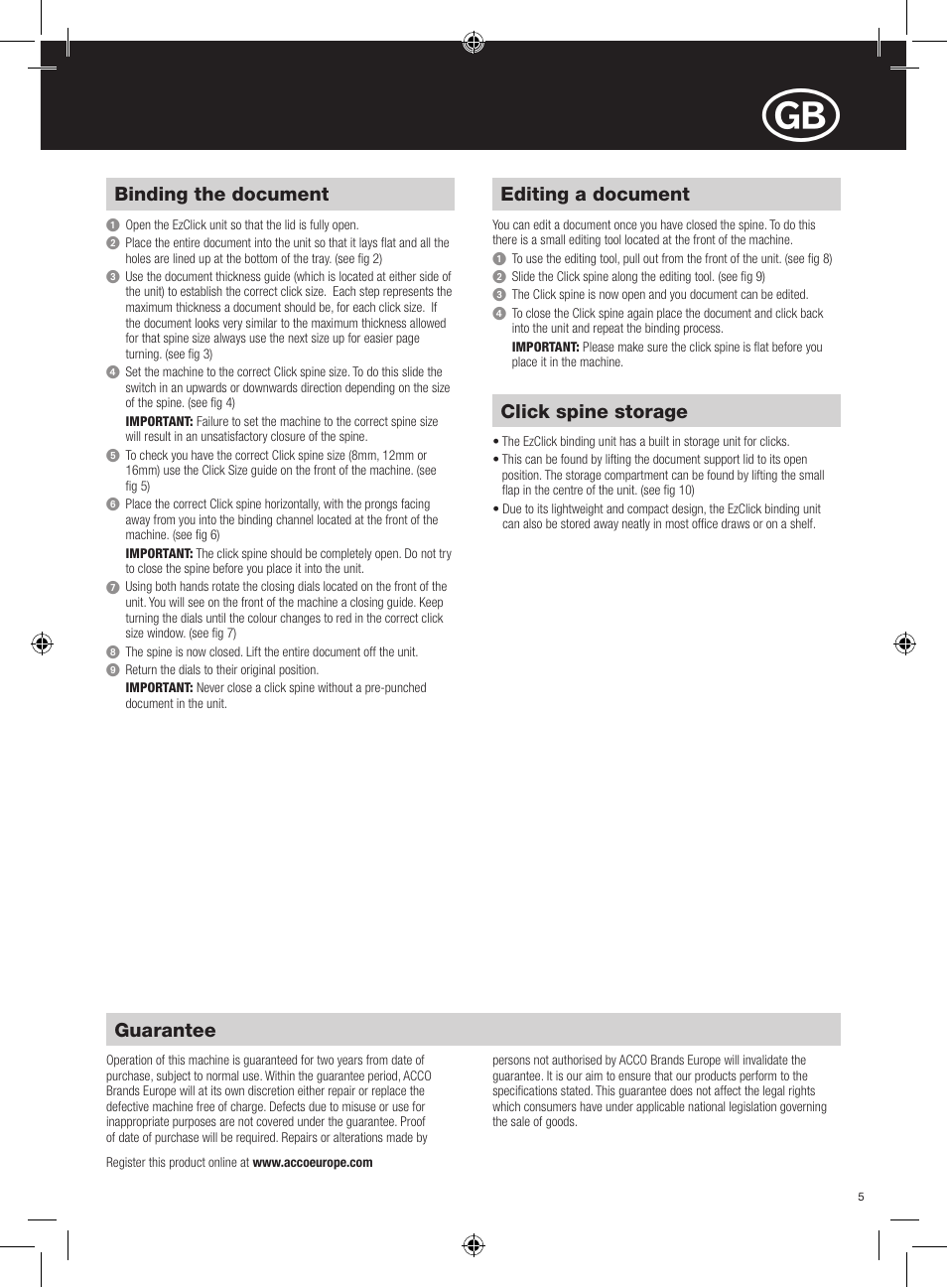 Guarantee, Binding the document, Editing a document | Click spine storage | GBC EzClick Binder User Manual | Page 5 / 38