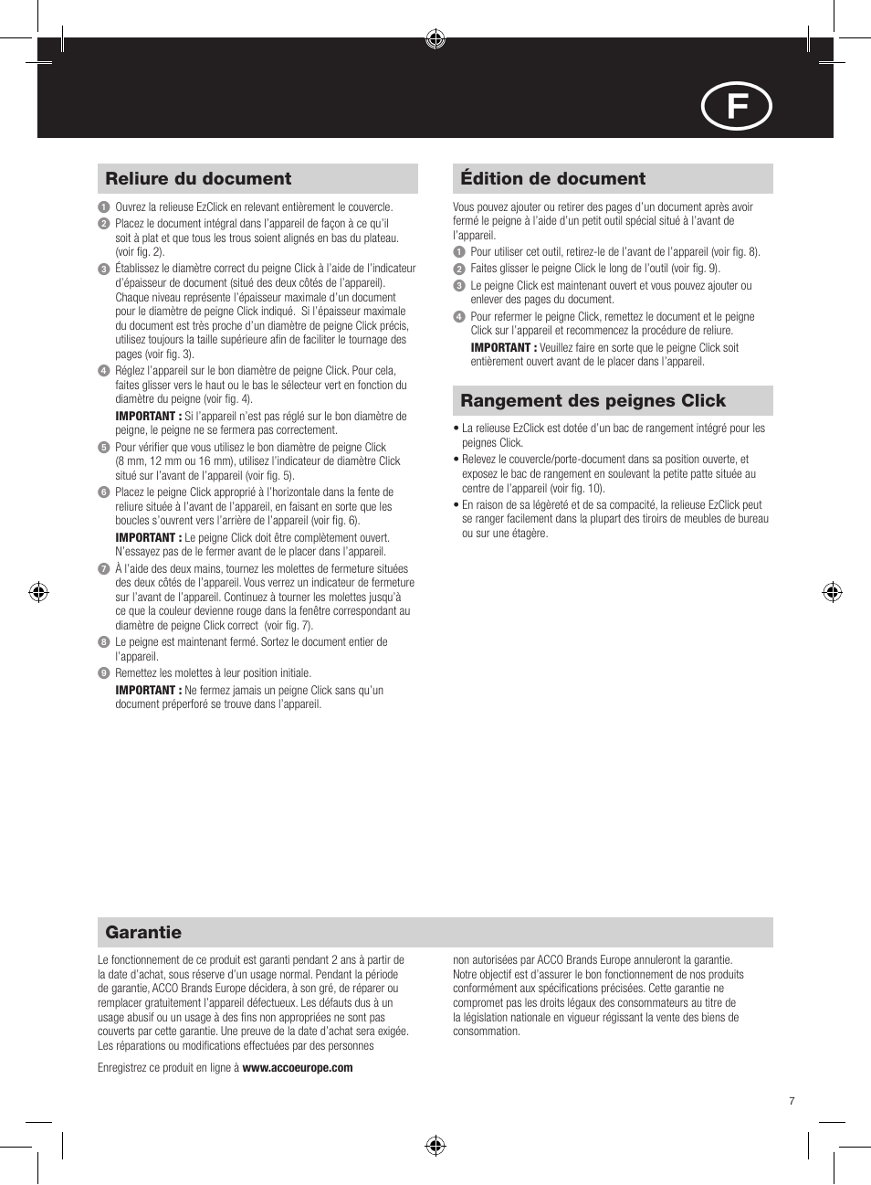 Garantie, Reliure du document, Édition de document | Rangement des peignes click | GBC EzClick Binder User Manual | Page 7 / 38