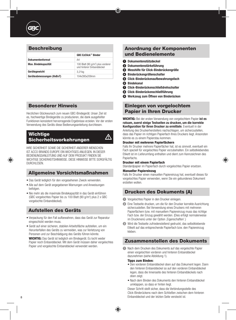 Anordnung der komponenten und bedienelemente, Besonderer hinweis, Beschreibung | Wichtige sicherheitsvorkehrungen, Allgemeine vorsichtsmaßnahmen, Aufstellen des geräts, Einlegen von vorgelochtem papier in ihren drucker, Drucken des dokuments (a), Zusammenstellen des dokuments | GBC EzClick Binder User Manual | Page 8 / 38