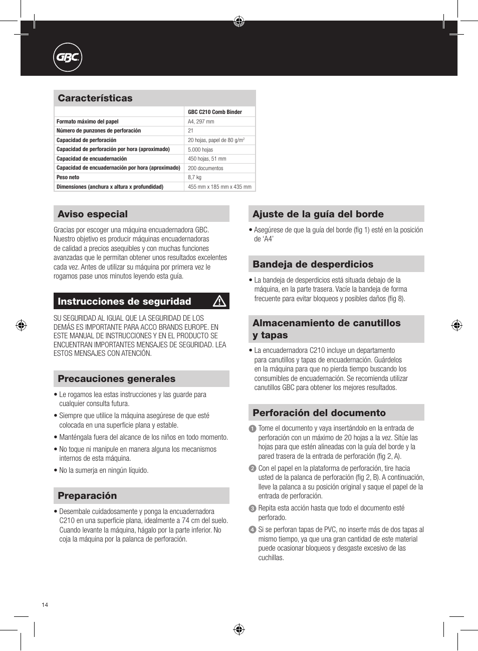 Características, Preparación, Ajuste de la guía del borde | Perforación del documento, Bandeja de desperdicios, Almacenamiento de canutillos y tapas, Precauciones generales, Instrucciones de seguridad, Aviso especial | GBC C210 Comb Binder User Manual | Page 14 / 38