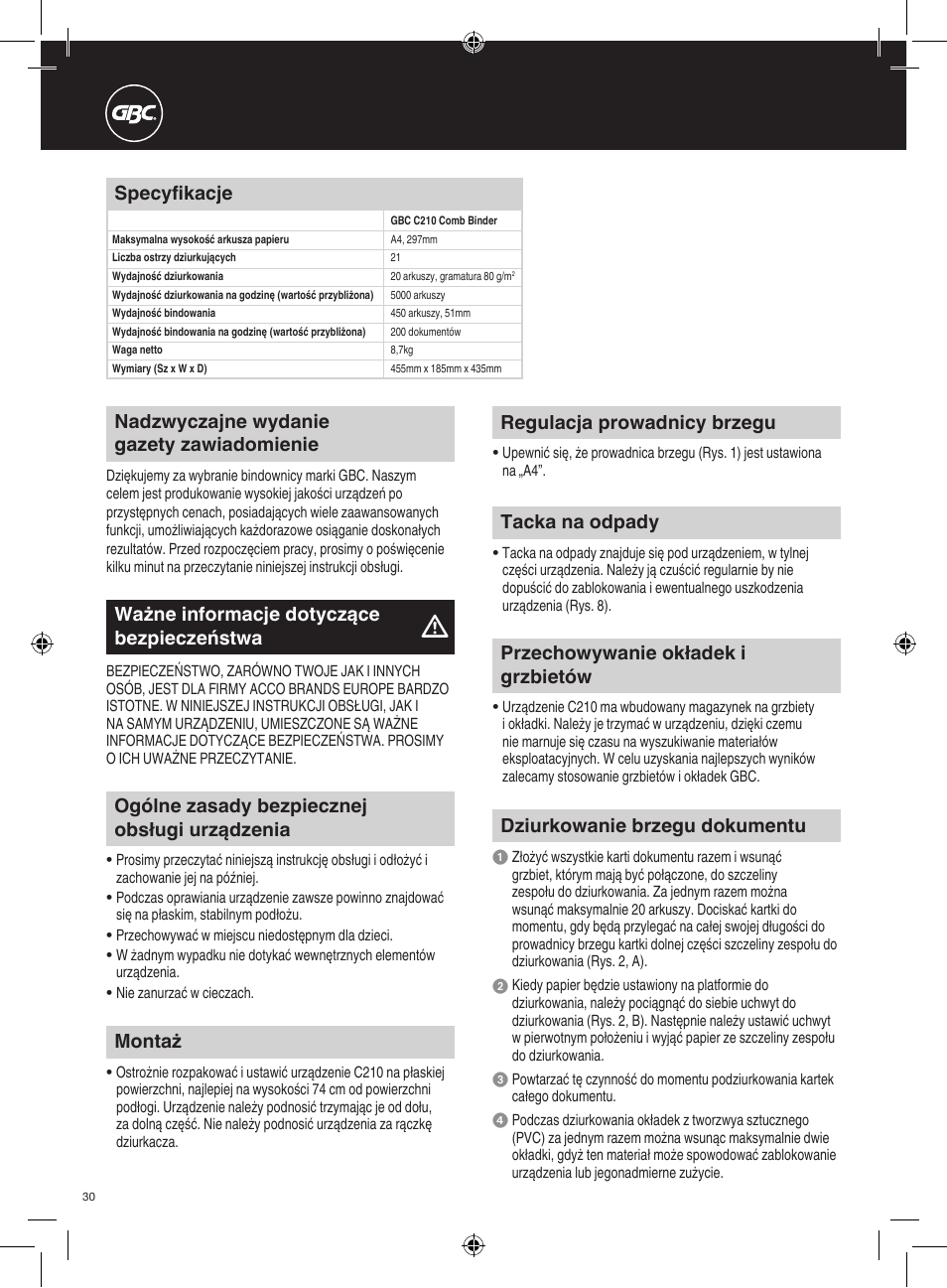 Ogólne zasady bezpiecznej obsługi urządzenia, Specyfikacje, Montaż | Regulacja prowadnicy brzegu, Dziurkowanie brzegu dokumentu, Tacka na odpady, Przechowywanie okładek i grzbietów | GBC C210 Comb Binder User Manual | Page 30 / 38
