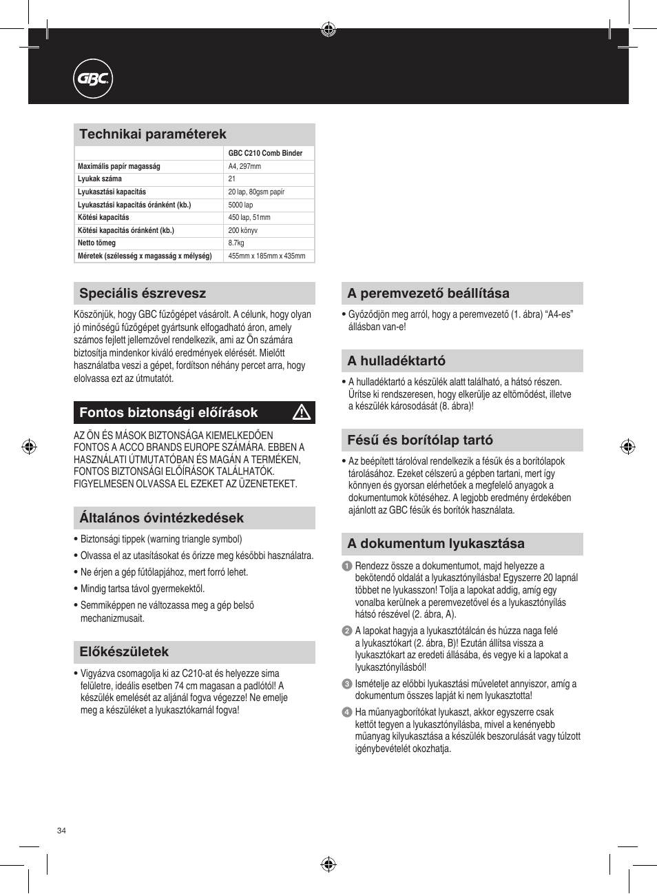 GBC C210 Comb Binder User Manual | Page 34 / 38