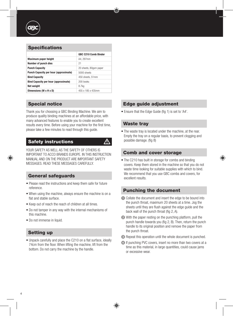 GBC C210 Comb Binder User Manual | Page 4 / 38