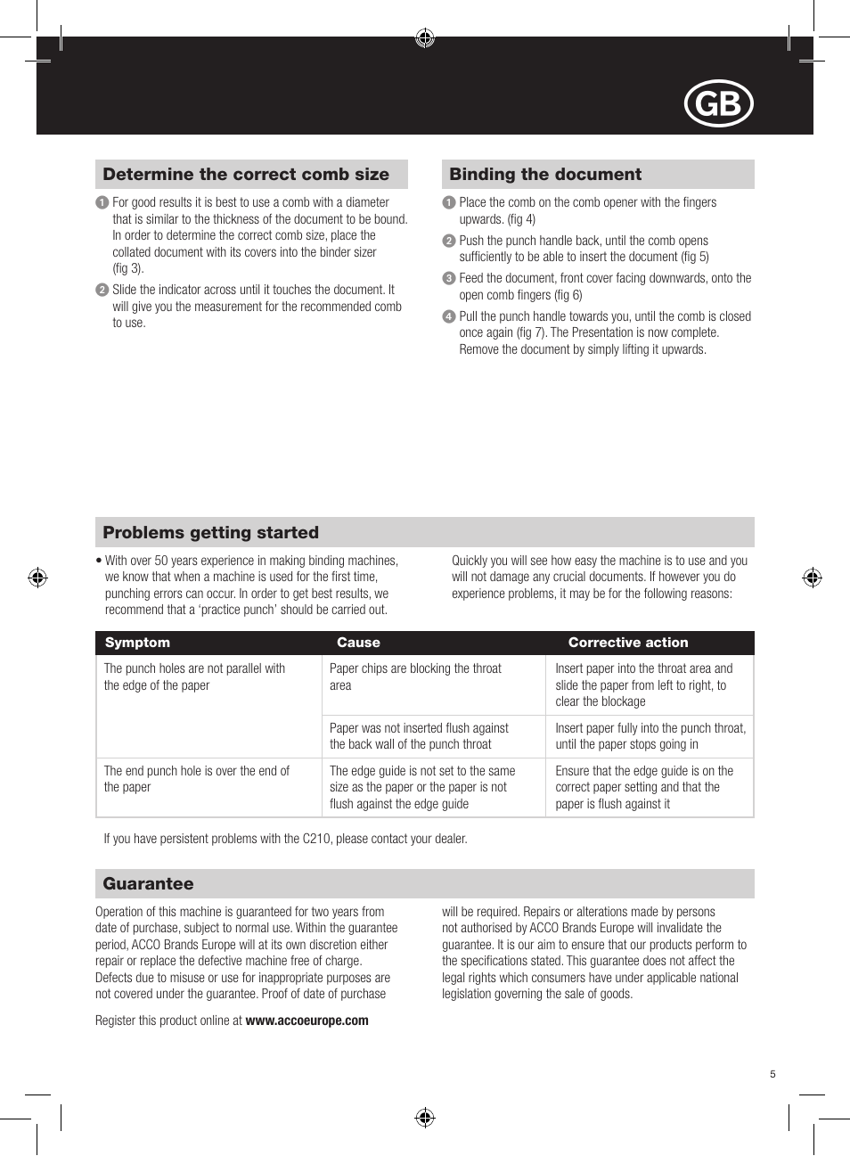 GBC C210 Comb Binder User Manual | Page 5 / 38
