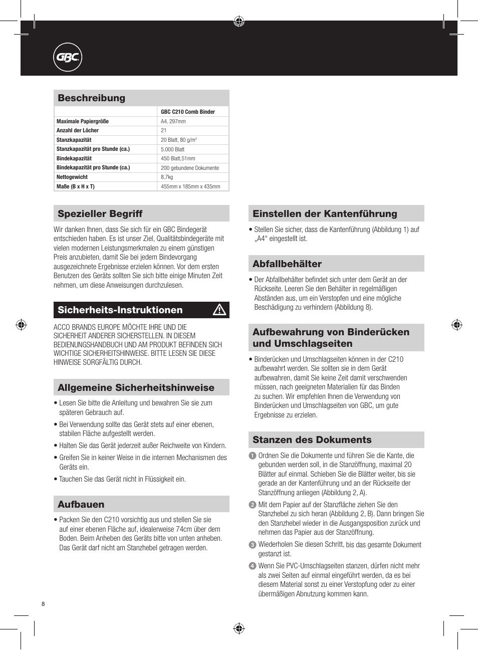 Beschreibung, Aufbauen, Einstellen der kantenführung | Stanzen des dokuments, Abfallbehälter, Aufbewahrung von binderücken und umschlagseiten, Spezieller begriff, Sicherheits-instruktionen, Allgemeine sicherheitshinweise | GBC C210 Comb Binder User Manual | Page 8 / 38