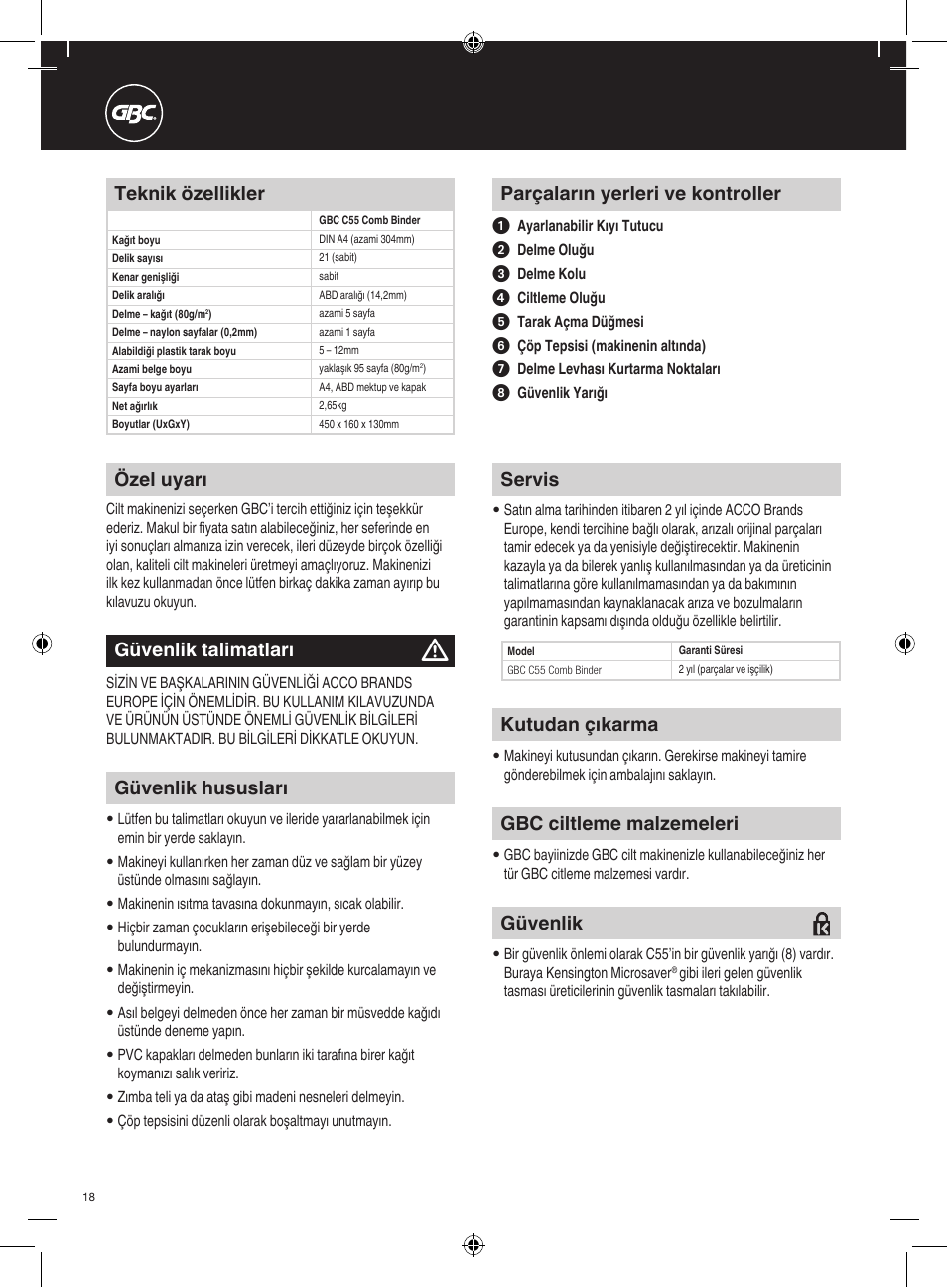 Teknik özellikler, Güvenlik hususları, Kutudan çıkarma | Güvenlik, Servis, Gbc ciltleme malzemeleri, Parçaların yerleri ve kontroller, Güvenlik talimatları, Özel uyarı | GBC C55 Comb Binder User Manual | Page 18 / 38