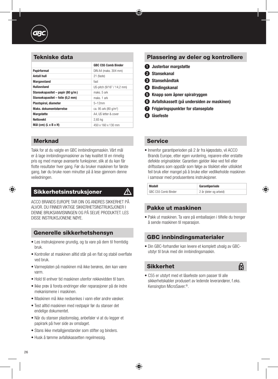 Tekniske data, Generelle sikkerhetshensyn, Pakke ut maskinen | Sikkerhet, Gbc innbindingsmaterialer, Plassering av deler og kontrollere, Merknad, Sikkerhetsinstruksjoner, Service | GBC C55 Comb Binder User Manual | Page 26 / 38