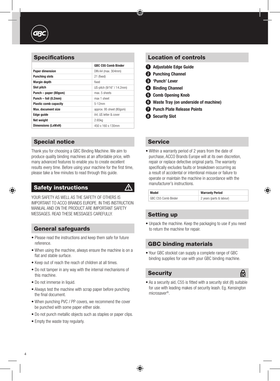 GBC C55 Comb Binder User Manual | Page 4 / 38