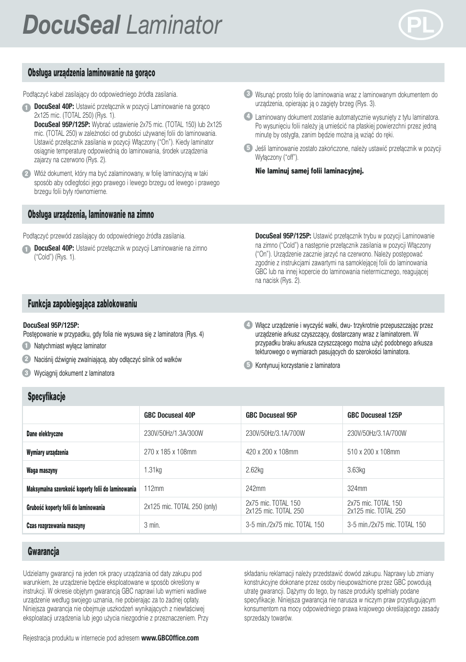 Docuseal laminator, Obs∏uga urzàdzenia laminowanie na goràco, Obs∏uga urzàdzenia, laminowanie na zimno | Funkcja zapobiegajàca zablokowaniu specyfikacje, Gwarancja | GBC DocuSeal Laminator User Manual | Page 20 / 28