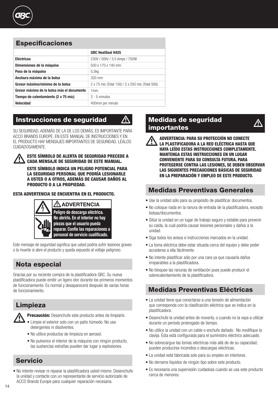 GBC H425 HeatSeal User Manual | Page 14 / 38