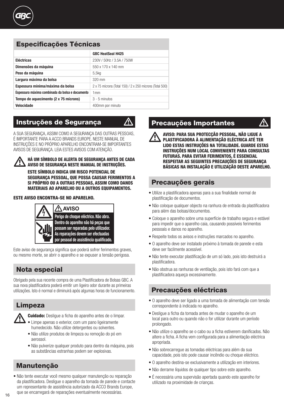 Nota especial, Manutenção, Precauções eléctricas | Precauções gerais, Instruções de segurança, Precauções importantes, Limpeza especificações técnicas | GBC H425 HeatSeal User Manual | Page 16 / 38