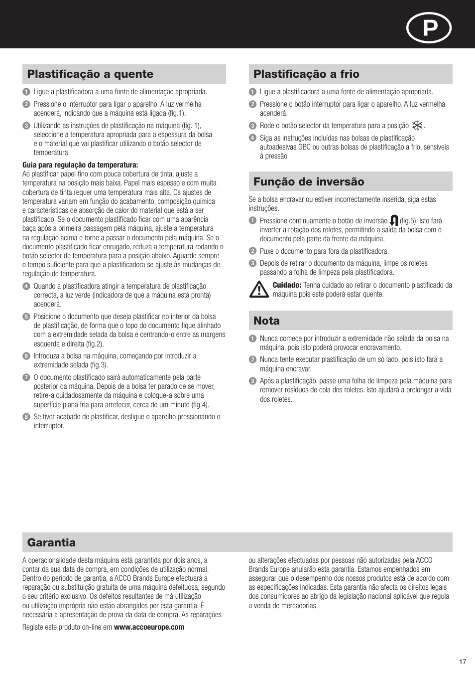 Plastificação a quente, Plastificação a frio, Função de inversão | Nota, Garantia | GBC H425 HeatSeal User Manual | Page 17 / 38